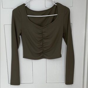 Olive Ruched Long Sleeve Crop Top